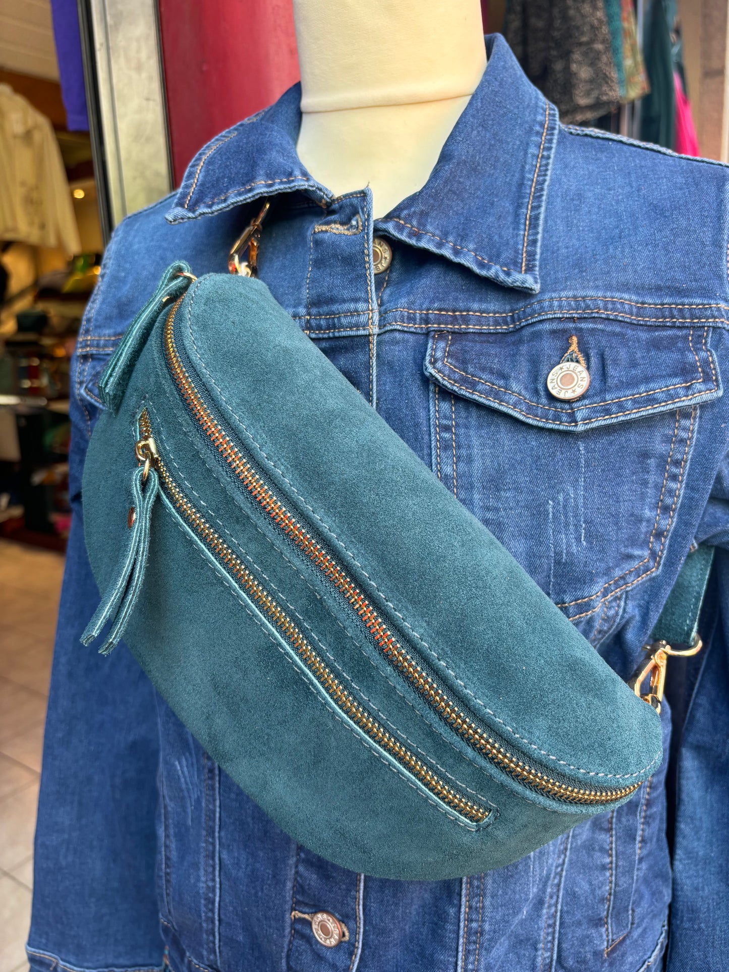 Sac banane cuir 2 zips bleu canard